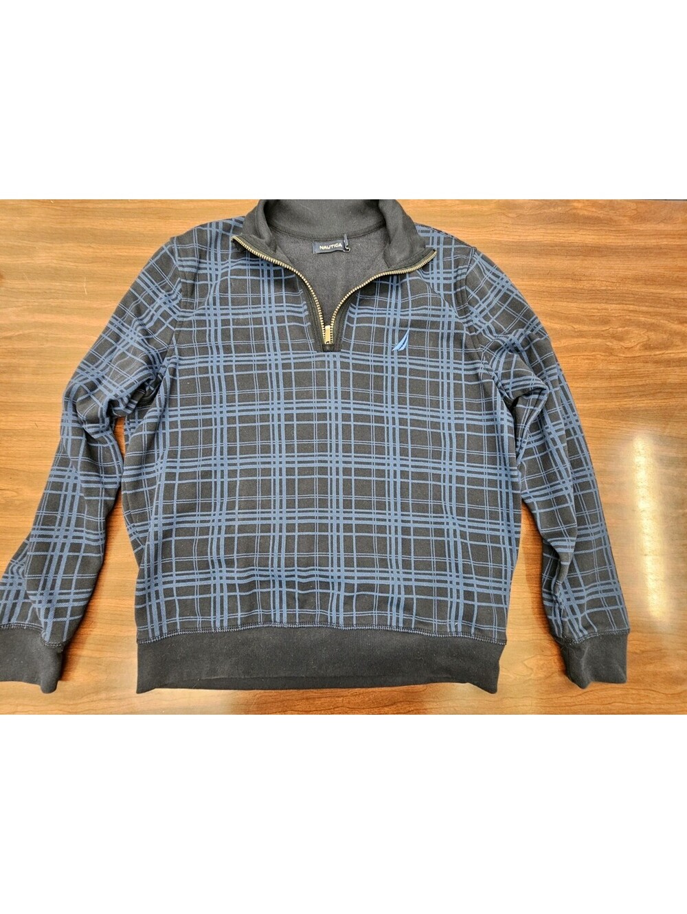Nautica Mens Pullover Quarter Zip Sweater M Blue Plaid Fleece Lined Casual